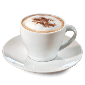 Cappuccino mit Kakao in einer weißen Tasse