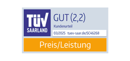 Zertifikat für Preis-Leistung Gut vom TÜV Saarland