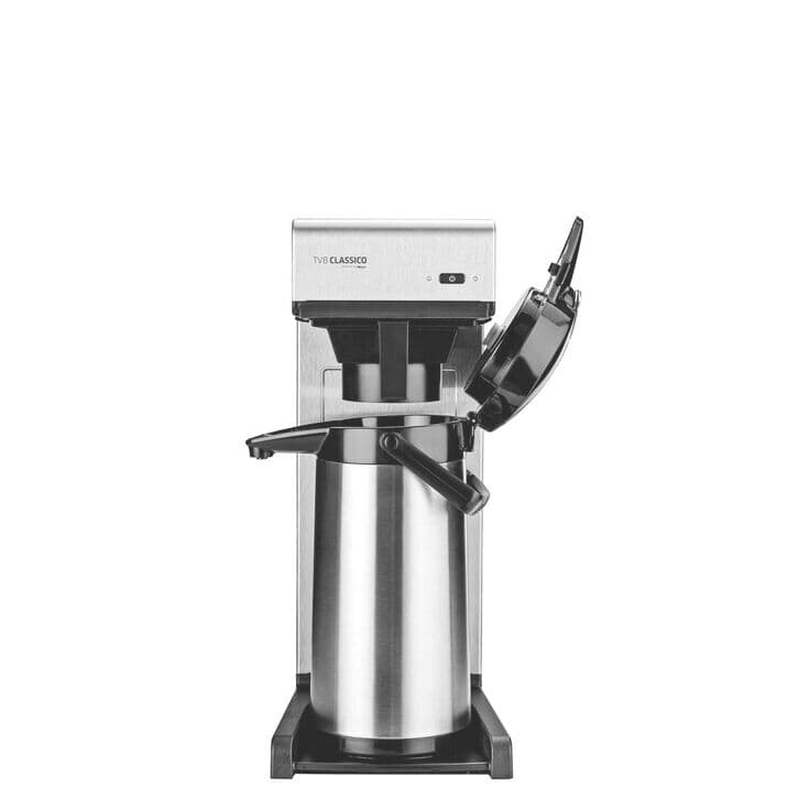 Edelstahl Pumpkanne mit schwarzem Deckel und Pumpmechanismus vor einem neutralen Hintergrund