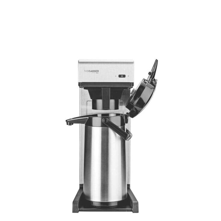 Edelstahl Pumpkanne mit schwarzem Deckel und Pumpmechanismus vor einem neutralen Hintergrund